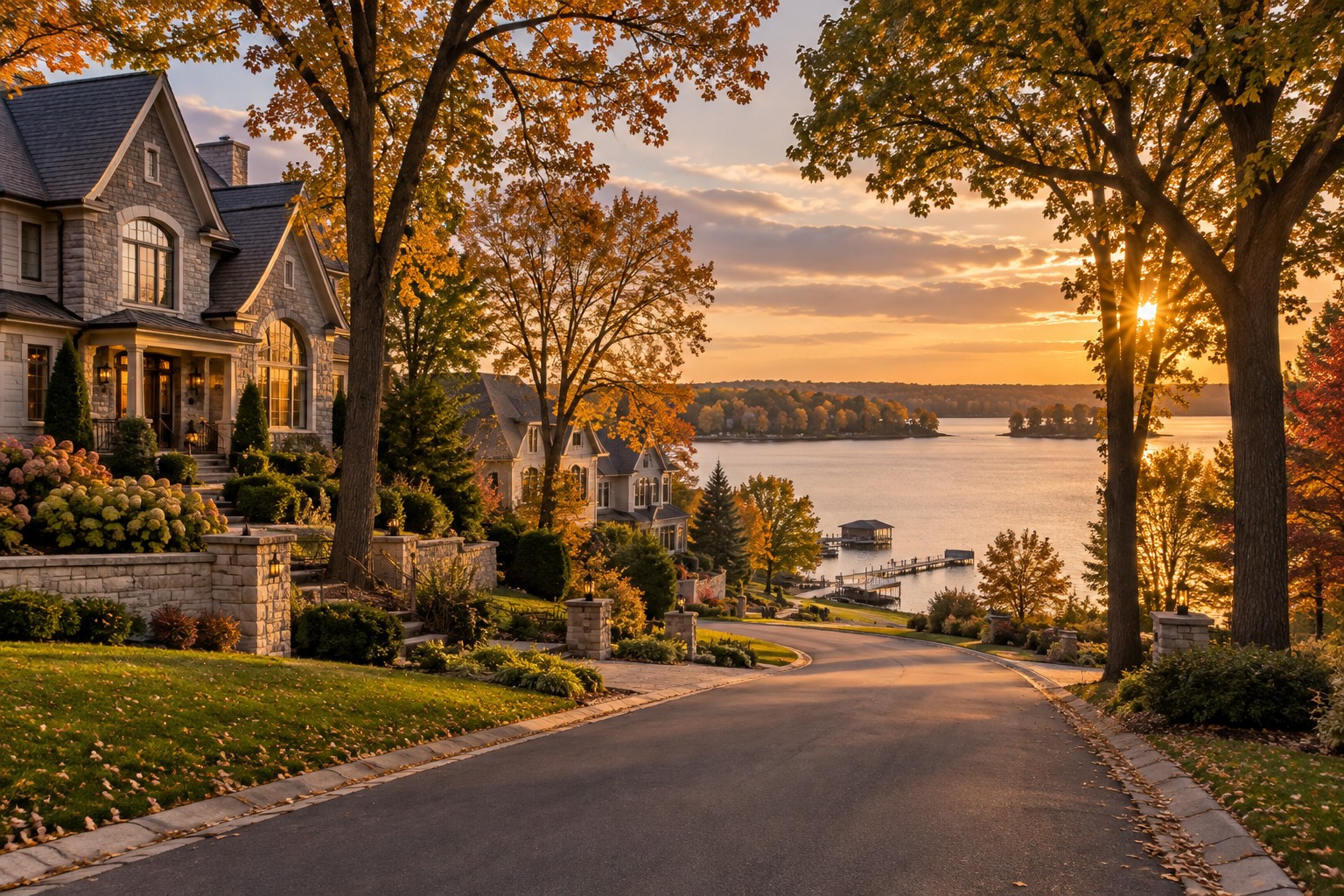 A Lake Minnetonka neighborhood shoreline at golden hour